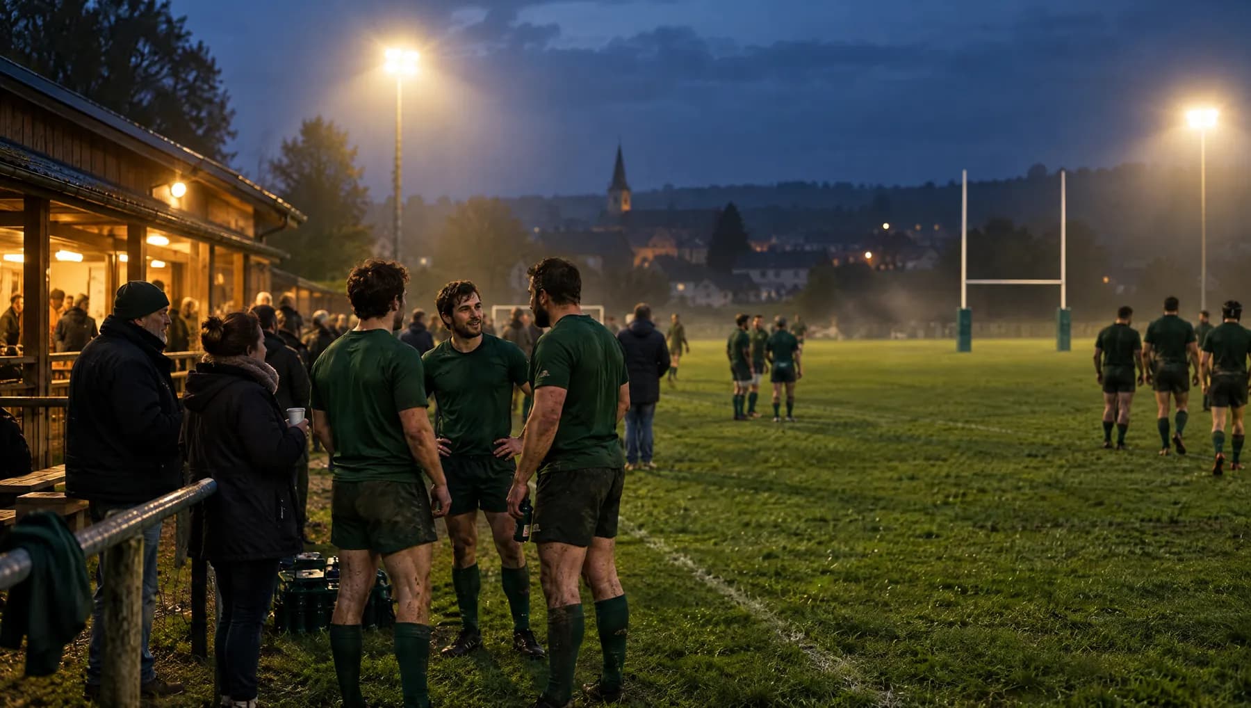 Soirée d’entraînement sous les projecteurs d’un club de rugby amateur.