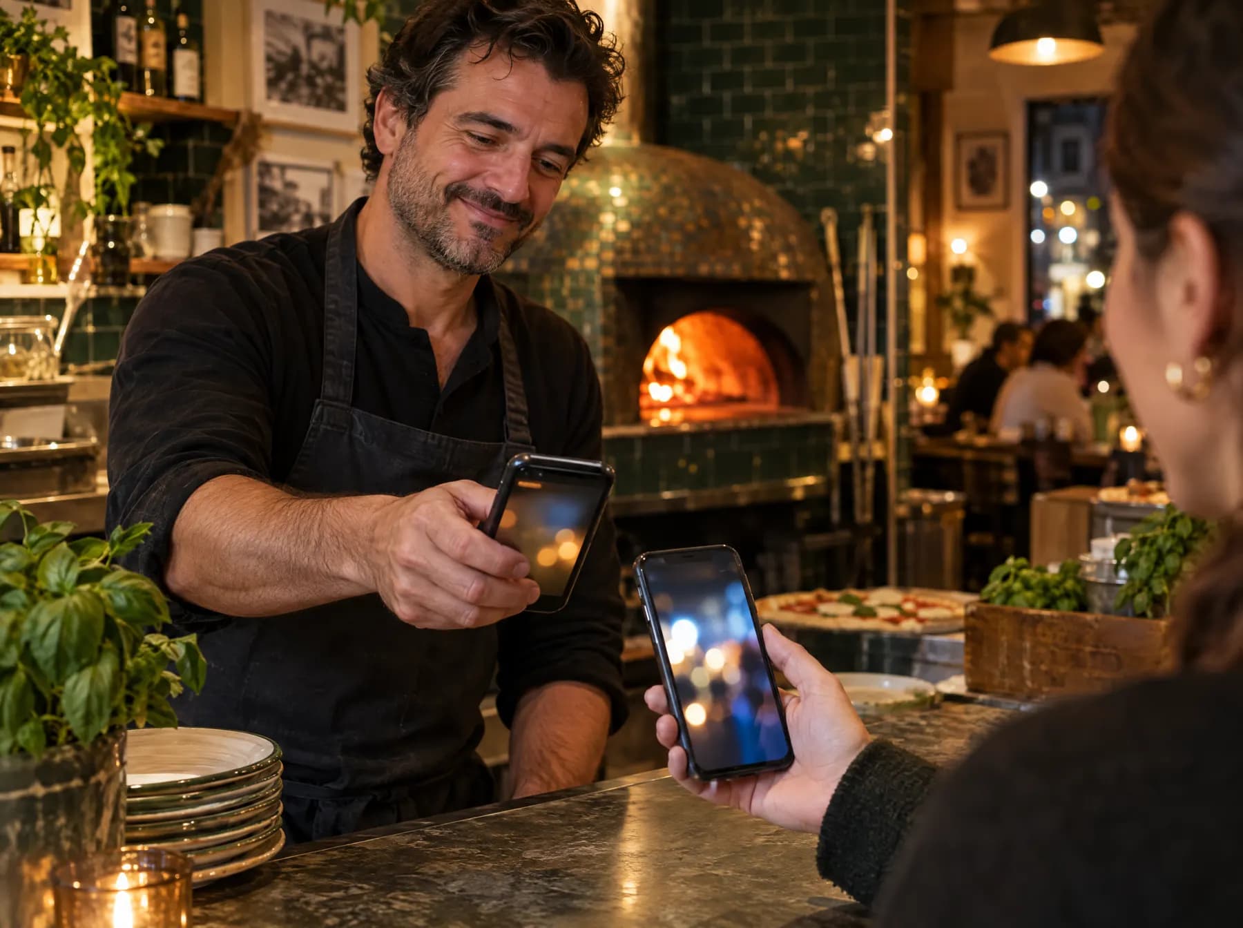 Un pizzaiolo scanne le coupon affiché sur le téléphone d’une cliente.