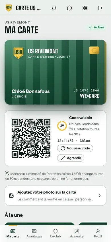 Appli de l’US Rivemont, côté membre : l’accueil aux couleurs du club (écusson USR), avec la carte de Chloé Bonnafous, licenciée, et son QR signé, renouvelé toutes les 30 secondes. Données de démonstration.