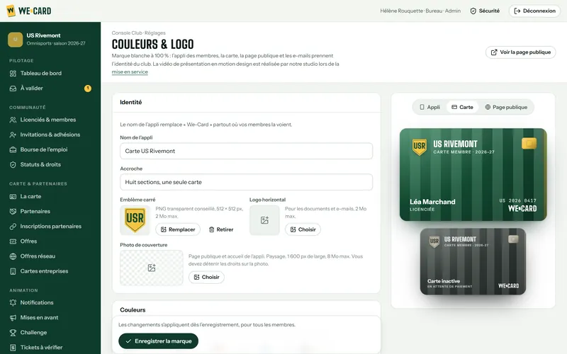 Console de l’US Rivemont, côté club : la page Couleurs & logo, avec le nom de l’appli « Carte US Rivemont », l’accroche « Huit sections, une seule carte », l’écusson jaune USR et l’aperçu de la carte vert et jaune. Données de démonstration.