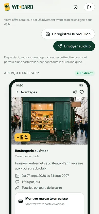 Espace partenaire de la Boulangerie du Stade, côté commerçant : le bas du formulaire de la nouvelle offre, avec la mention « Votre offre sera relue par US Rivemont avant sa mise en ligne », le bouton « Envoyer au club » et l’aperçu de l’offre dans l’appli des membres : les gâteaux de fête de la Boulangerie du Stade, du 27 sept. 2026 au 31 août 2027, une fois par jour, pour tous les porteurs de la carte. Données de démonstration.