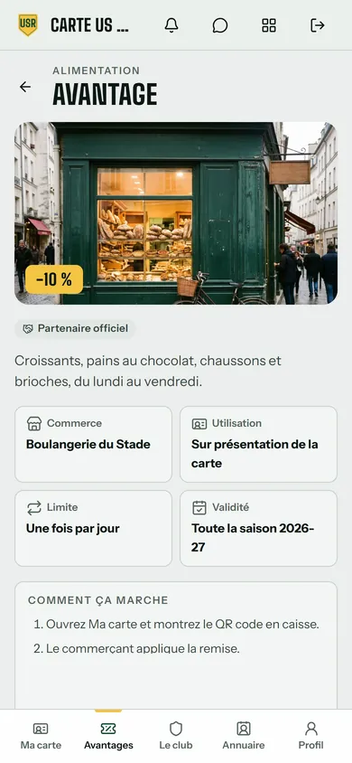Appli de l’US Rivemont, côté membre : l’offre sur les viennoiseries vue par un membre, à la Boulangerie du Stade, partenaire officiel, sur présentation de la carte, une fois par jour, toute la saison 2026-27. Données de démonstration.