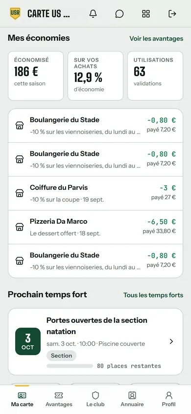 Appli de l’US Rivemont, côté membre : le bloc Mes économies, avec 186 € économisés depuis l’achat de sa carte, 63 utilisations et les dernières utilisations, dont la Boulangerie du Stade. Données de démonstration.