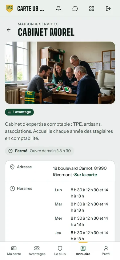 Appli de l’US Rivemont, côté membre : le haut de la fiche du Cabinet Morel, avec sa photo, sa présentation (cabinet d’expertise comptable qui accueille des stagiaires), son adresse et ses horaires. Données de démonstration.
