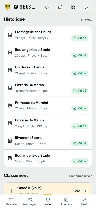 Appli de l’US Rivemont, côté membre : Mes tickets, avec l’historique des 8 tickets validés de Chloé chez les partenaires (Boulangerie du Stade, Rivemont Sports, Pizzeria Da Marco…) et les points de chacun. Données de démonstration.