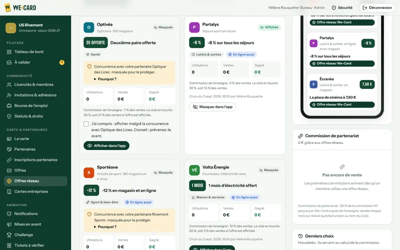 Console de l’US Rivemont, côté club : les offres nationales proposées par We-Card, avec Optivéa (optique) masquée pour protéger Optique des Lices, Partalys (voyages) affichée, Sportéane (magasin de sport) masquée pour protéger Rivemont Sports, et l’aperçu des offres affichées dans l’appli. Données de démonstration.